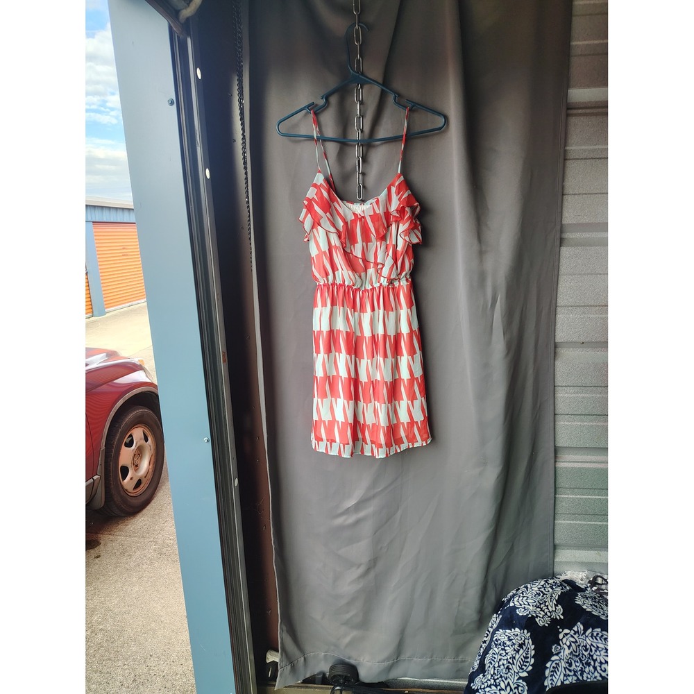 Peach Love Cream Red White Geometric Ruffle Mini Dress Small D8721-02